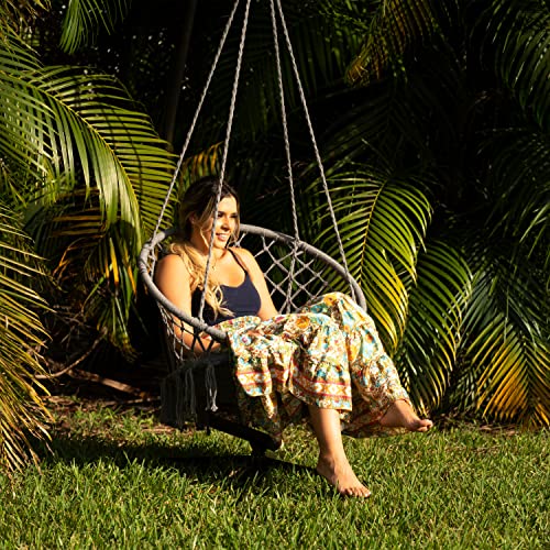 Bliss Hammocks 31.5" Wide Macramé Swing Chair W/Fringe Lining & Padded Cushion Indoor, Outdoor, Patio, Backyard Eco-Friendly Cotton & Bohemian Style Design 300 Lbs Capacity, Grey (Bhc-102Gry) #TOP7
