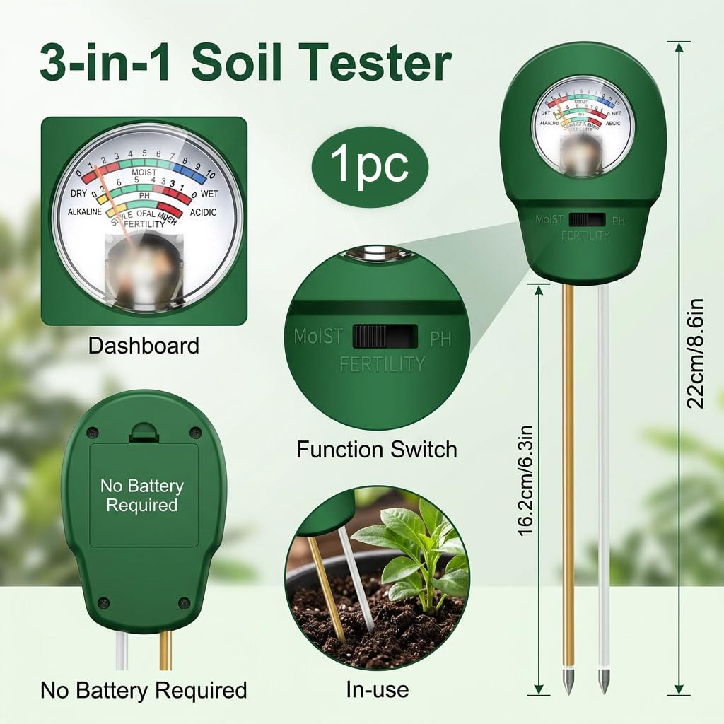 Medidor Humedad Plantas 3 en 1, Medidor pH Tierra Digital, Higrómetro Suelo Profesional para Test pH Suelo, Temperatura y Luz en Jardín, Césped y Macetas,no requiere pilas