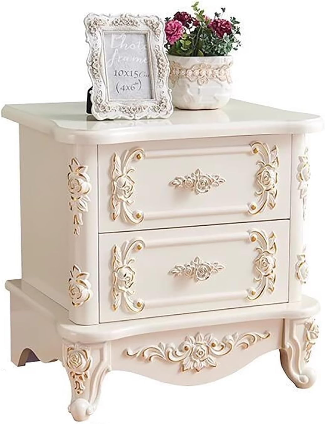 French Country Nightstand with 2 Drawers Vintage Carved Wooden Bedside Table Narrow End for Small Space, Accent Furniture Bedroom Living Room Gold Accents(Outline in Gold)