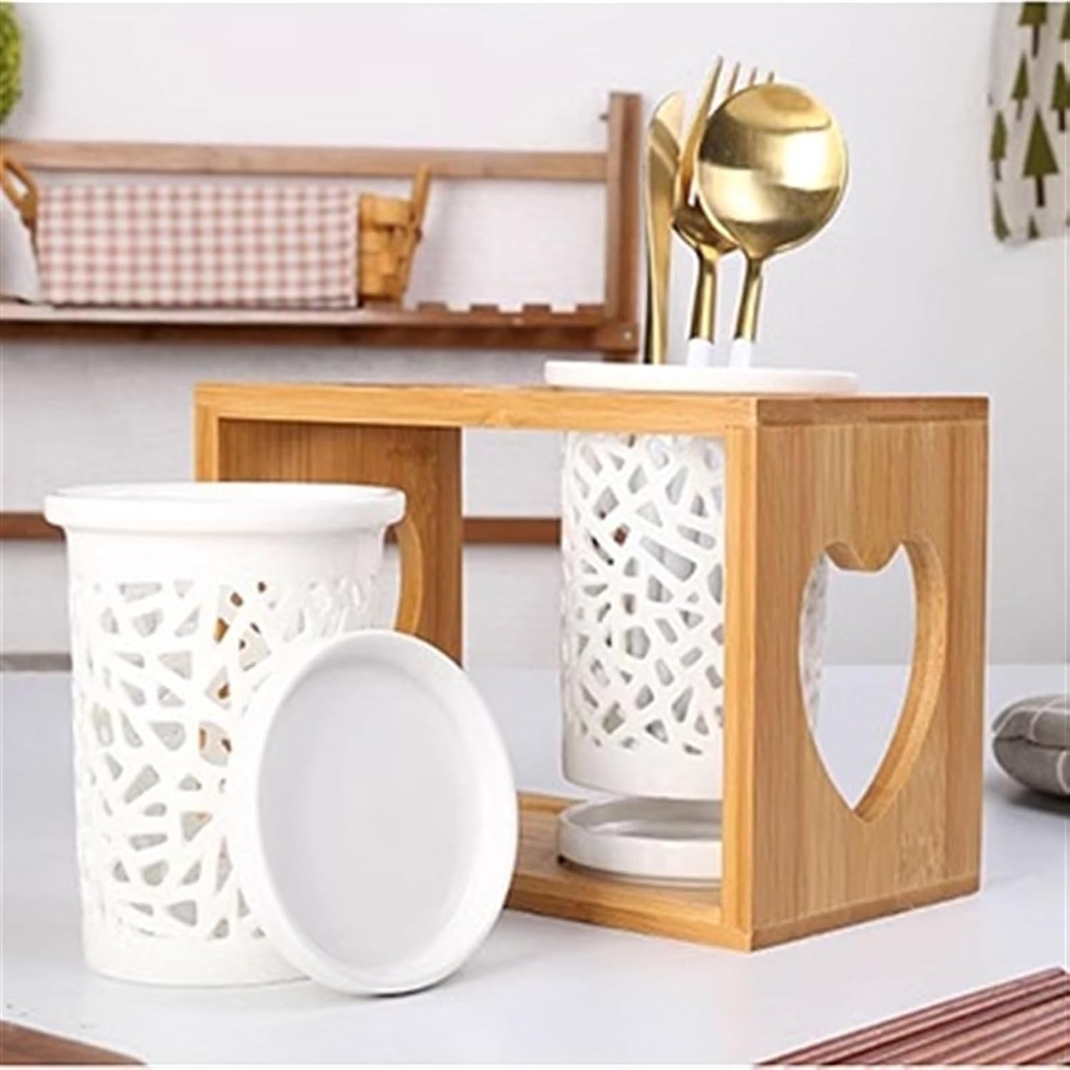 Utensil Holder 2-Pieces Ceramic Flatware Caddy with Bamboo Wood Rack, Kitchen Utensil Holder for Countertop, Utensil Caddy Silverware Organizer with Drain Tray Kitchen Utensil Holder