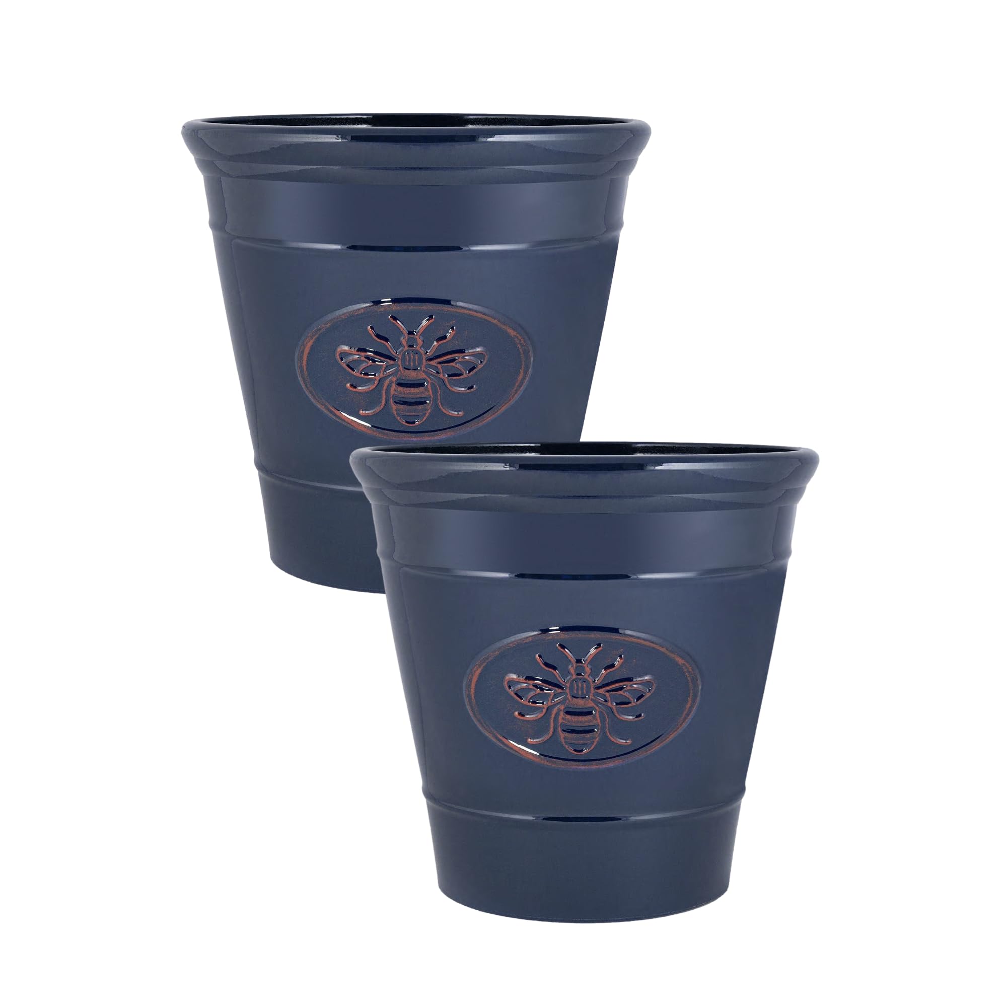 Fyne-Finds Round Plastic Blue Plant Pot 40cm,16inch Bee Embossed Pot 34L Glossy Effect Garden Planter Cover Weatherproof, Drainage Hole & UV-Resistant (2)