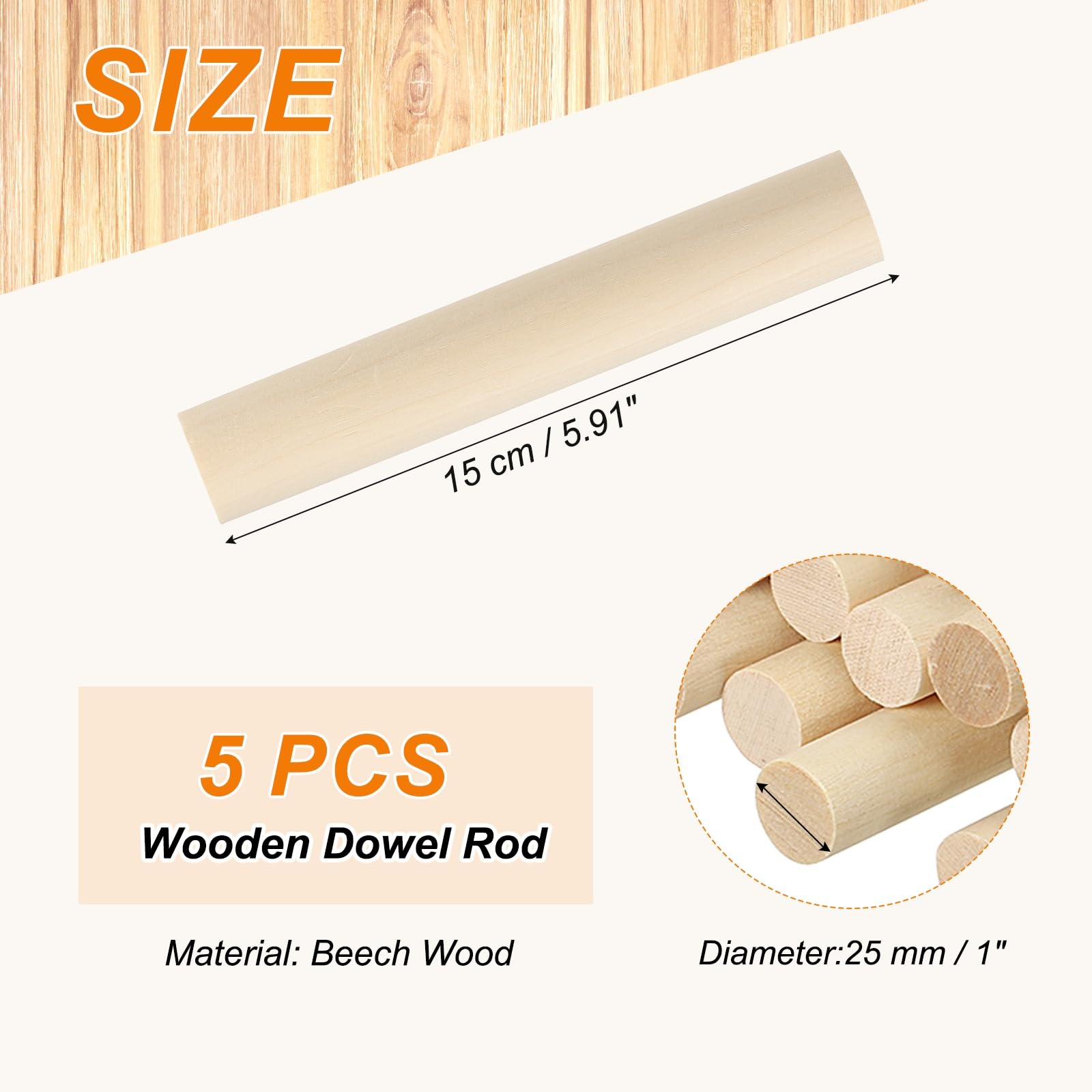 PATIKIL 1 x 6 Inch Wooden Dowel Rod 5 Pcs Wood Dowels for Craft Natural Color - Image 2