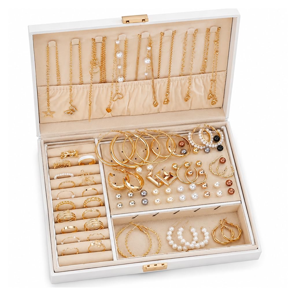 62 Piece Jewelry Set with Box Gold Alloy Jewelry Collection, with Necklaces Earrings Rings and Pearl Styles for Daily Parties Birthdays Bridesmaids Gifting(Gift box not included)-image-11