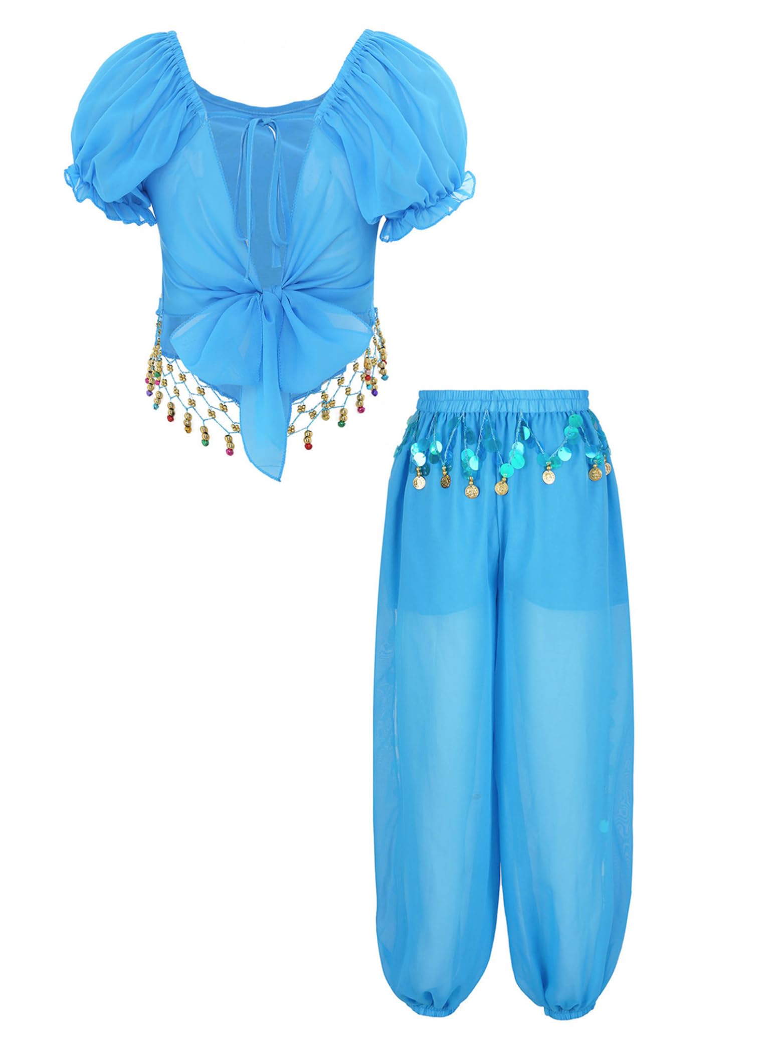Eandarui Women's Belly Dance Outfits Sequin Ruffle Sleeve Crop Top with Chiffon Lantern Pants Sky Blue One Size