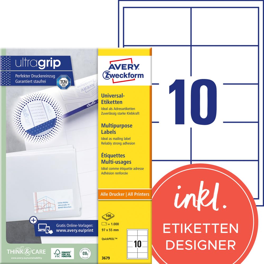 Avery Zweckform 3679 Universal Labels 97x55 mm for Inkjet Laser Copy White