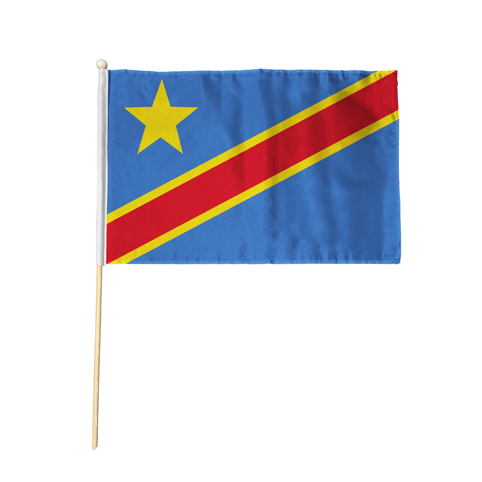 Flagtex Congo DR Democratic Republic Hand Waving Flag (9x6 Inch) - Premium Wooden Stick Hand Flag Natural Wood Pole DRC National Flag 2006 Design Events Celebrations