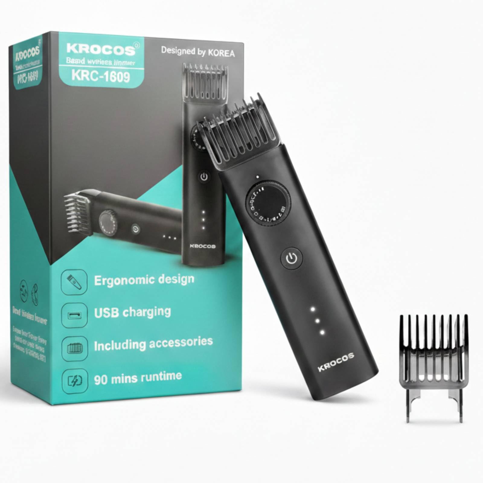 KROCOS Beard Trimmer for Men | Korean-Designed Cordless Rechargeable Trimmer | USB Fast Charging | 90-Min Runtime | IPX6 Waterproof | Stainless Steel Self-Sharpening Blades