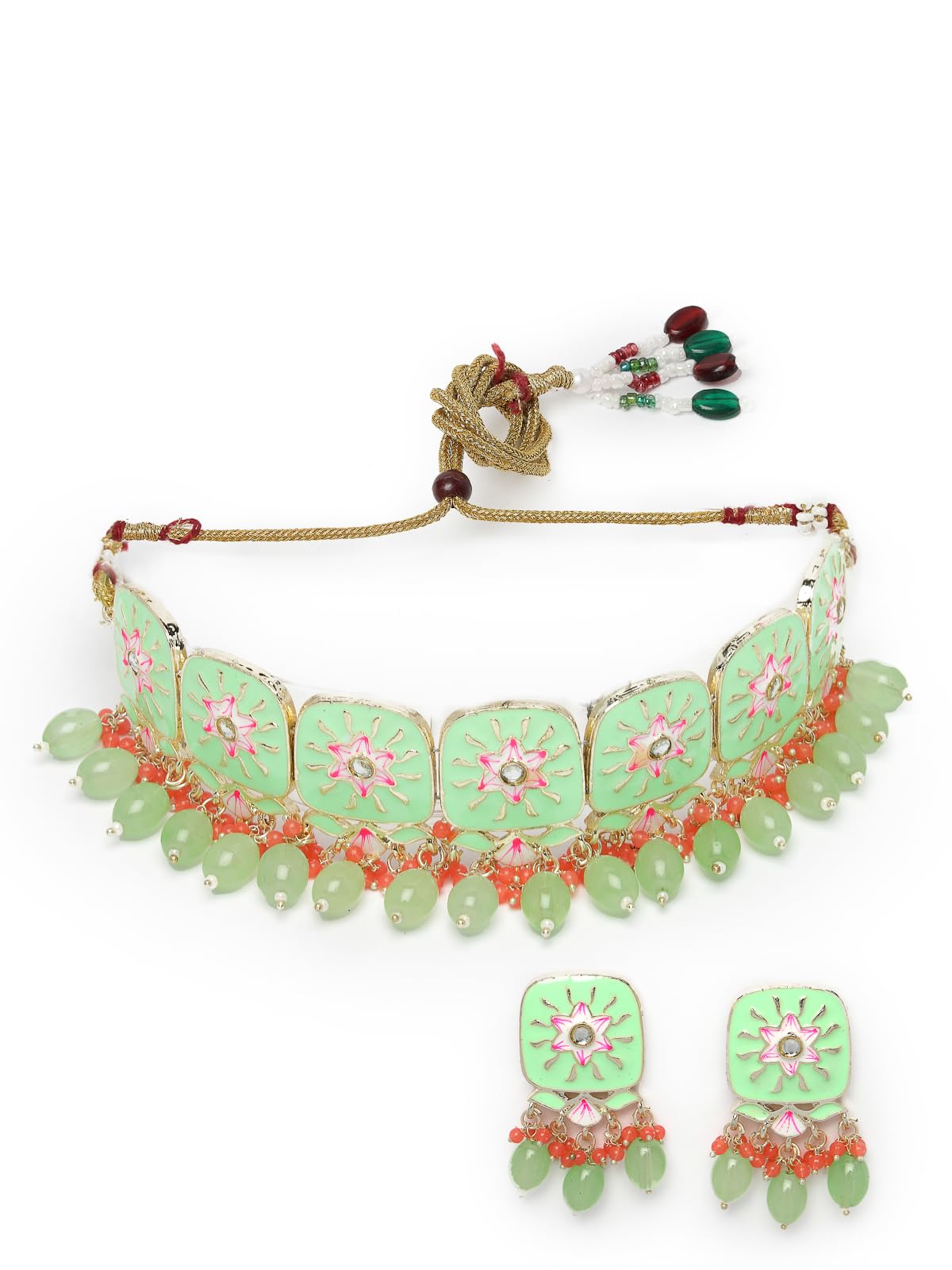 Studio Sukkhi Geometric Square Shaped Style Mint Green Enamel Gold Plated Choker Necklace Set with Studs Earrings | Jewellery Set For Women And Girls (NS105805)