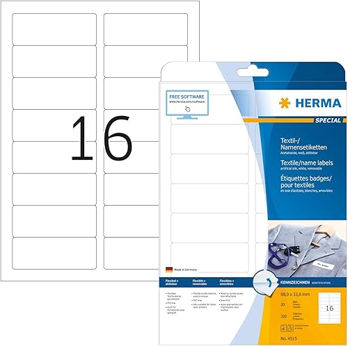 HERMA Etiquetas autoadhesivas flexibles para insignias, 16 etiquetas por hoja A4, 320 etiquetas para impresoras láser, 3.500 x 1.331 in (4515)