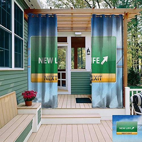 leinuoyi Going Away Party, Outdoor Curtain Extra Long, New Life Concept with Road Sign on Blue Sky Next Exit Art Print, for Gazebo W120 x L108 Inch Blue Green Yellow