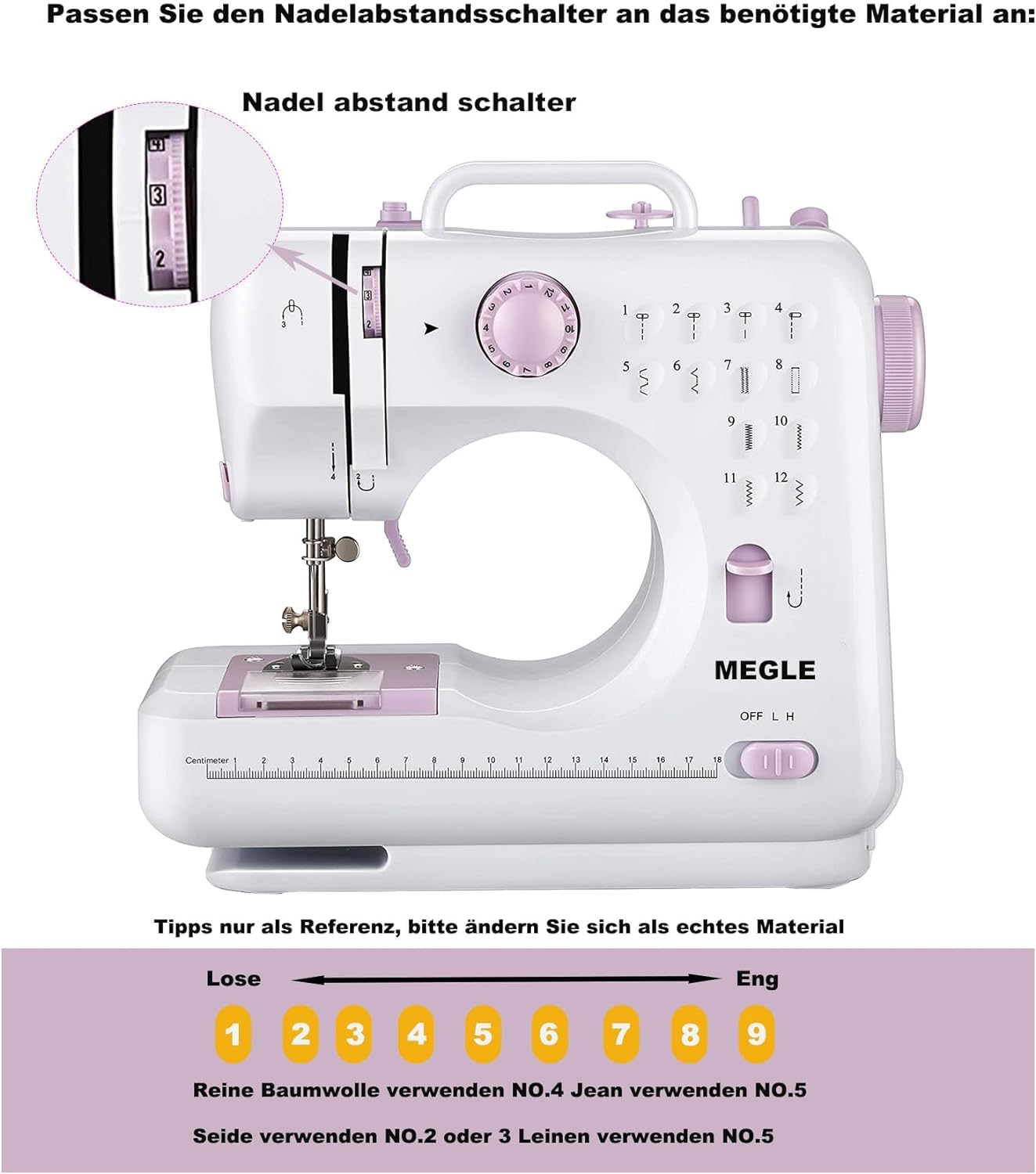 Nähmaschine mit Fußpedal für Anfänger und Kinder, kleine Maschine, 5-Sprachen-Handbuch, 12 eingebauten Stichens, MEGLE FHSM-505