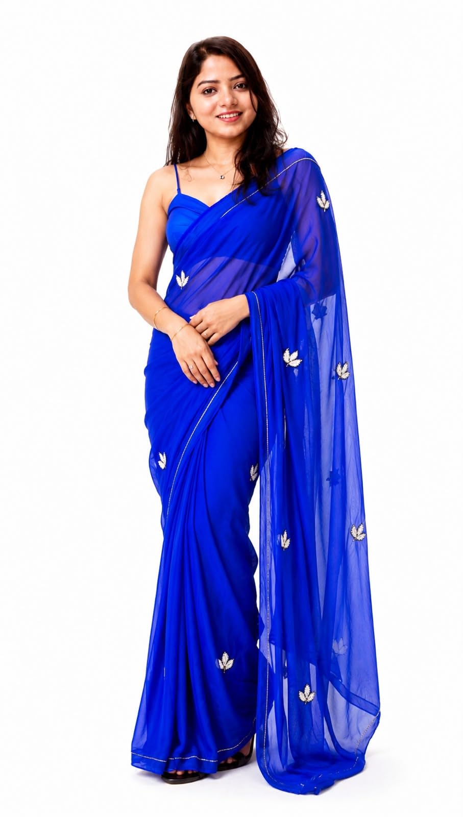 Royal Blue Chiffon Saree with Silver Leaf Embroidery-image-45