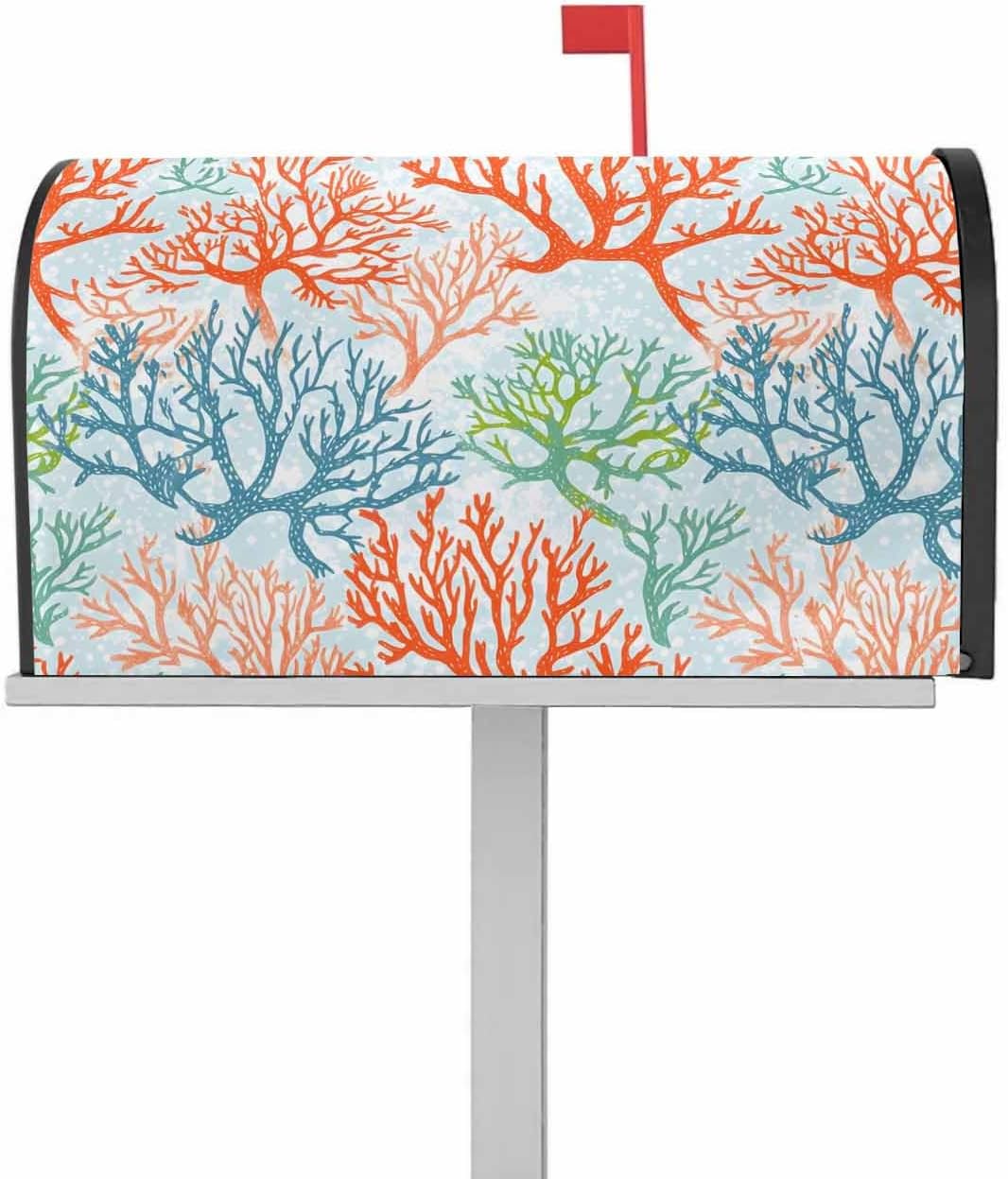 Ocean Coral Mailbox Covers Magnetic Standard Size, Orange Red Green Turquoise Plant Branch Decorative Post Letter Numbers Box Wrap Decoration Covers Small Accessories for Garden Yard Outdoor Décor