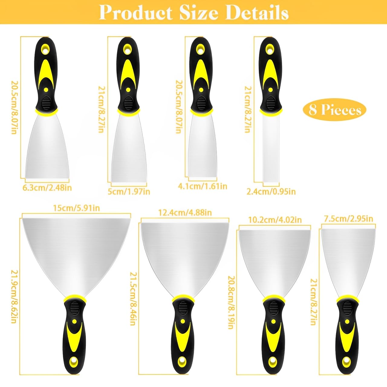 Set di 8 spatole in acciaio inox con manico in plastica, Raschietti per Pareti, Spatola per Stucco, Cazzuola per Muratore, Spatola Multiuso per Rimuovere Carta da Parati e per Riparare Pareti