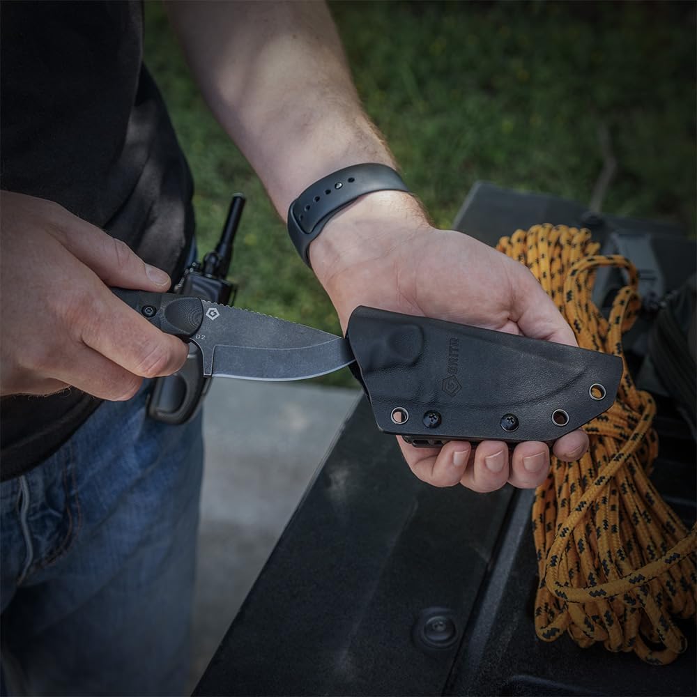 GRITR Scout Fixed Drop Point Blade Full Tang Knife with Ambidextrous Kydex Belt Sheath for Outdoor Camping, Hiking, Hunting, Fishing, Survival | EDC Tactical Gear for Men & Women