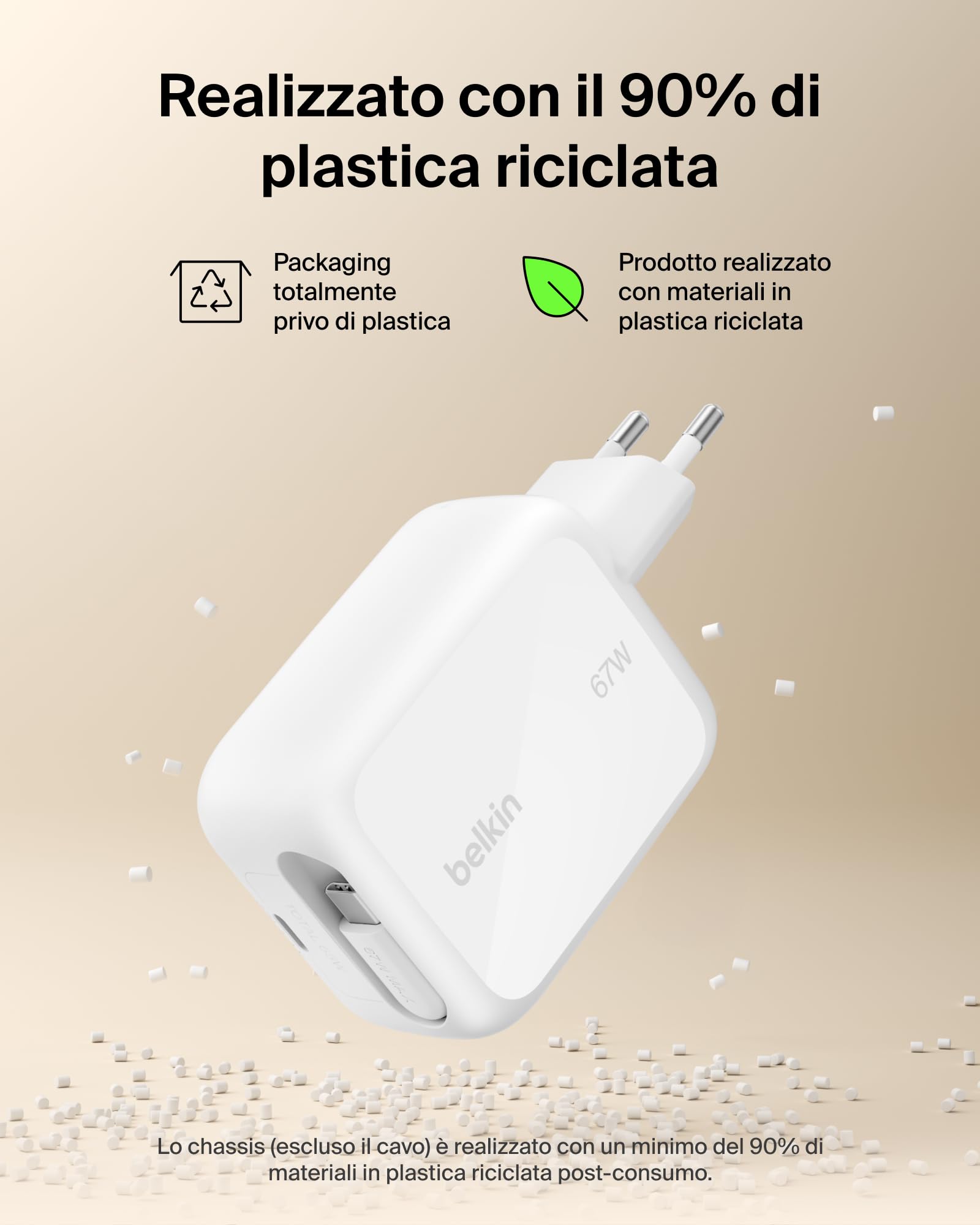 Belkin Caricabatterie USBC GaN 67W con Cavo USB-C Retrattile 1m e Porta USB C, Caricatore per iPhone, Ricarica Rapida per iPhone 17, 16 Series, Galaxy S26 Series, AirPods, Tablet, MacBook e Chromebook