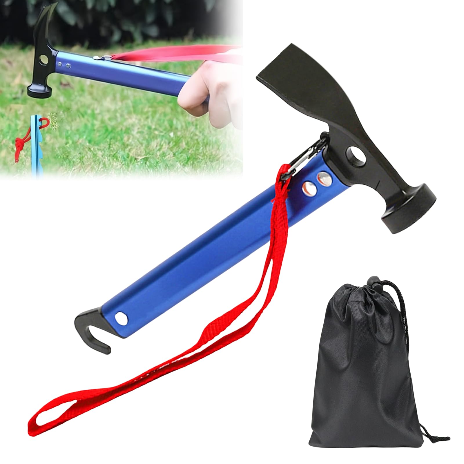 Marteau de camping 30,5 cm, marteau de camping avec crochet et mini-pioche, marteau en aluminium, marteau multifonctionnel pour piquets de tente avec sac de rangement (Bleu)