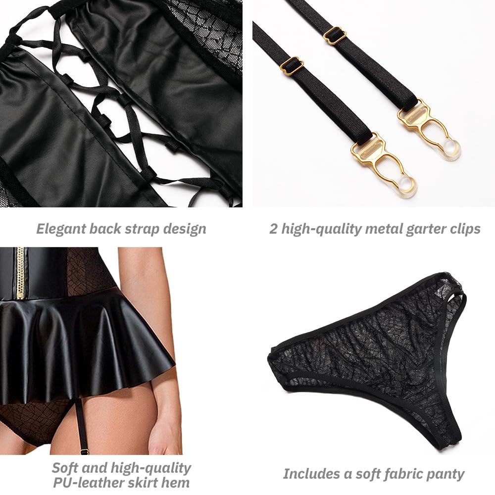 Robe Sexy Femme Game Bodysuit Épissage de Maille en Cuir Verni Jupe Coquine Hot Transparent Résille avec G-String Lingerie Clubwear Érotique Dos Nu Grande Taille avec Pinces en Métal