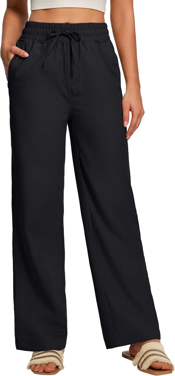 Heathyoga Linen Pants Women Summer Cotton Beach Pants for Women Casual Wide Leg Palazzo Pants Drawstring Vacation Outfits