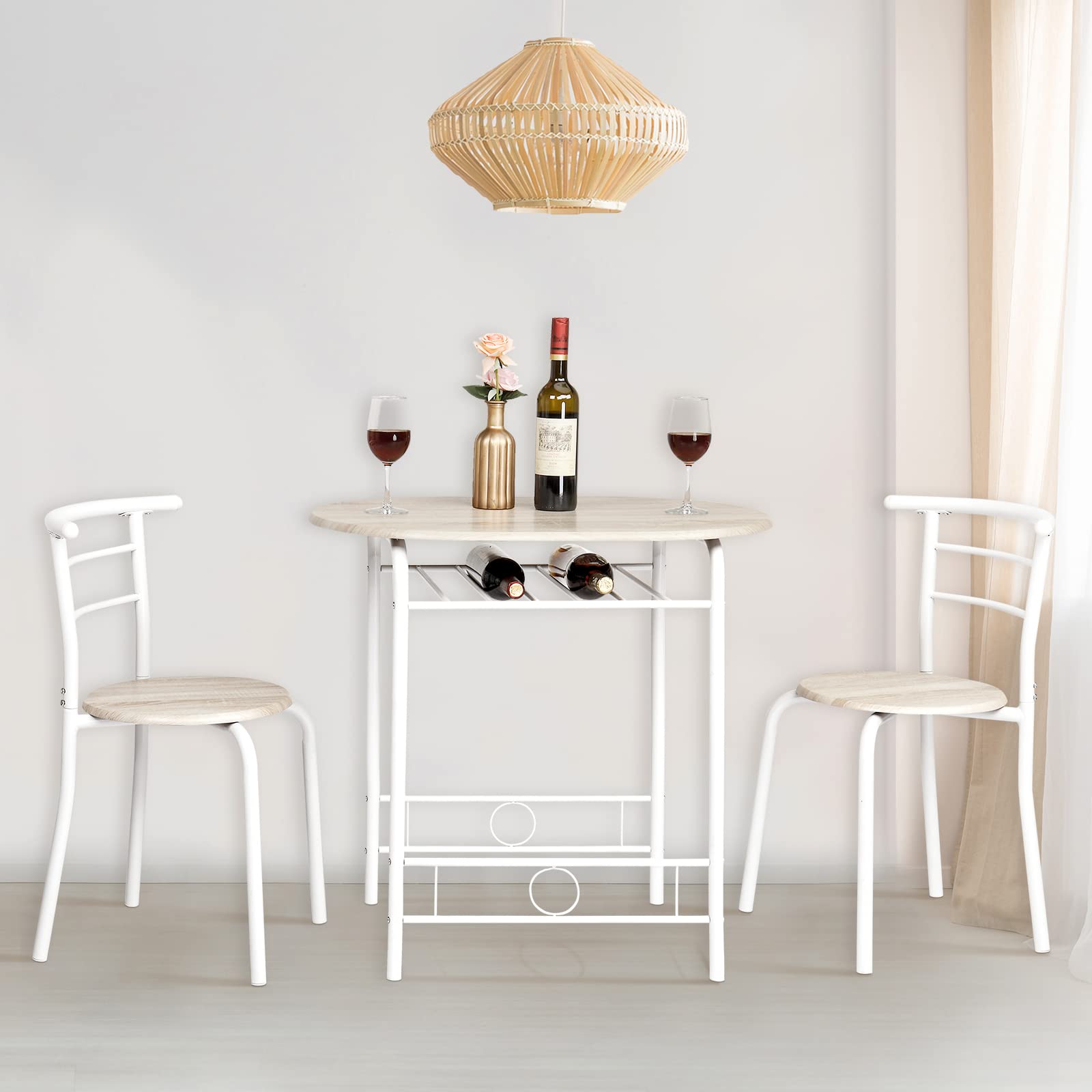 Bonnlo Esstisch Oval für 2 Personen mit Ablagefach, Küchentisch Klein mit 2 Stühlen, Dining Table Set Esszimmertisch Essgruppe Balkontisch für Küche Balkon Esszimmer (Eiche-Weiß)