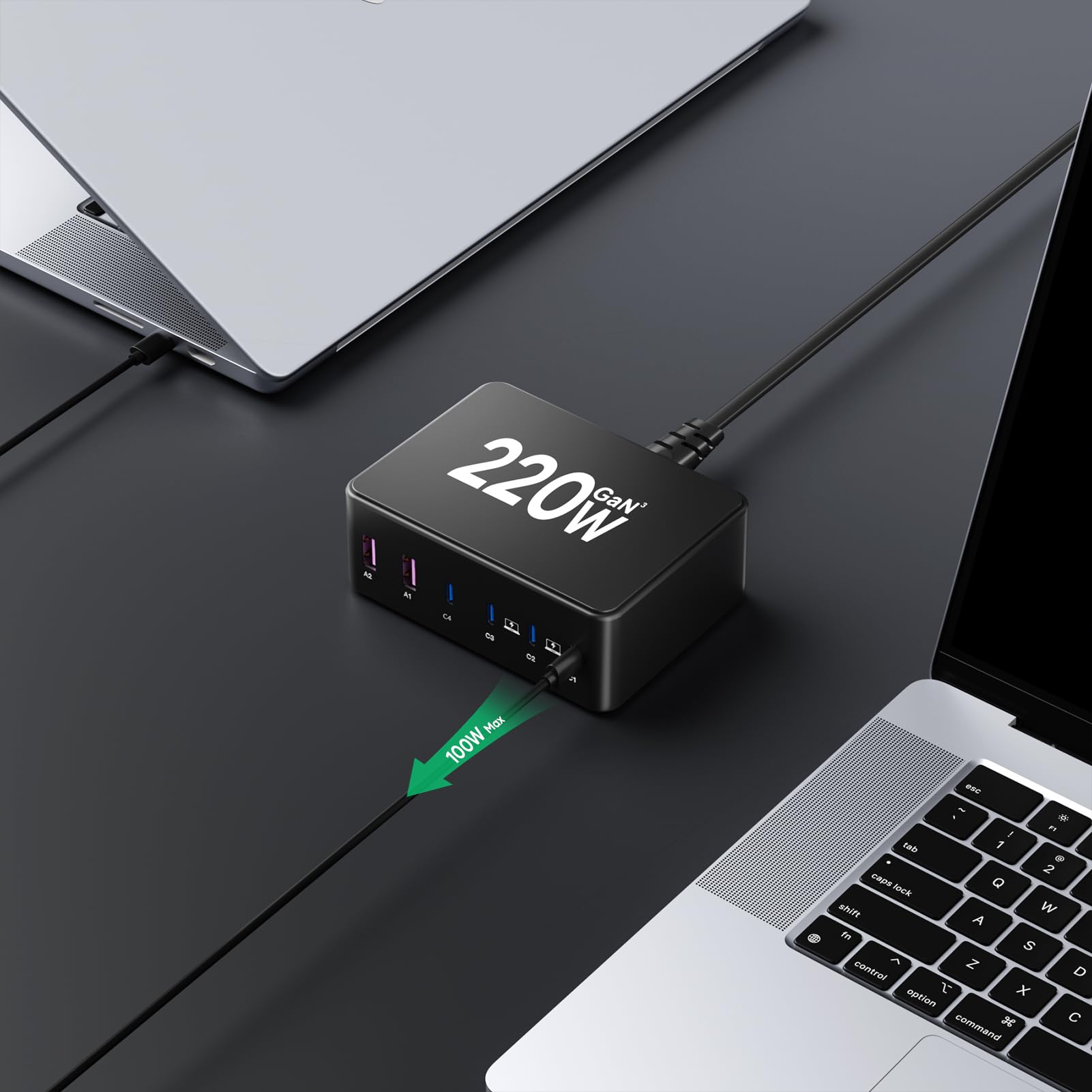 220W Caricatore USB C, 6-Port GaN Stazione di Ricarica Multipla mit 4 USB-C e 2 USB-A PD 100W PPS 3.3 Fast Charger, Caricabatterie per MacBook Pro Laptop i Phone i Pad Samsung Huawei