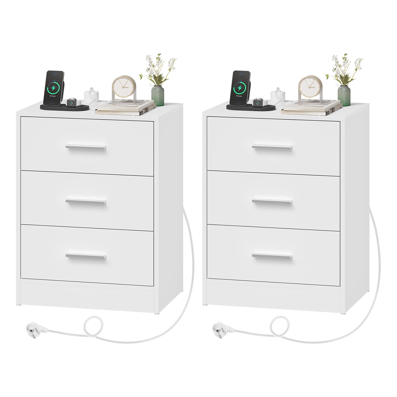 WOLTU Mesitas de Noche, Mesas de Centro con Enchufes, Mesitas de 3 Cajones, Mesillas de Noche para Dormitorio, Salón y Estudio, Blanca, MDF, 39x28,5x54,5 cm