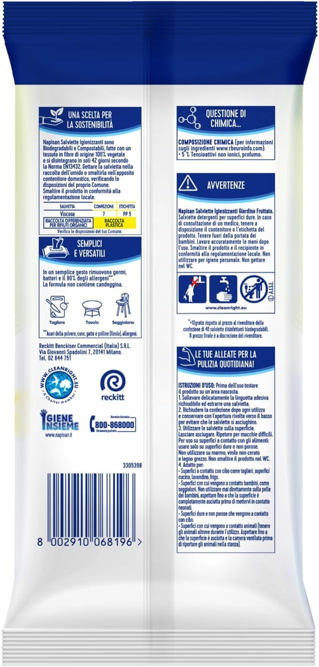 Napisan Salviette Igienizzanti Multisuperfici Fragranza Giardino Fruttato Rimuovono Germi e Batteri Biodegradabili Compostabili Versatili per Pulizia Quotidiana - 6 Confezioni da 50 Salviette
