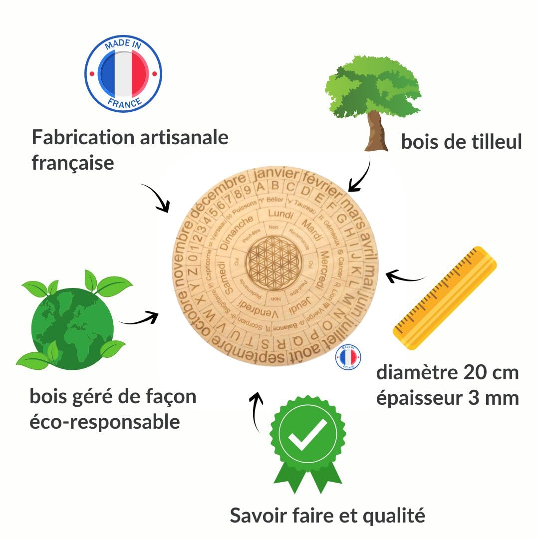 Planche multifonction pour pendule divinatoire 20cm | Idéale pour vos séances de radiesthésie | Écrite en français avec mois, jours, lettres, chiffres, signes astrologiques, OUI/NON, Fleur de Vie