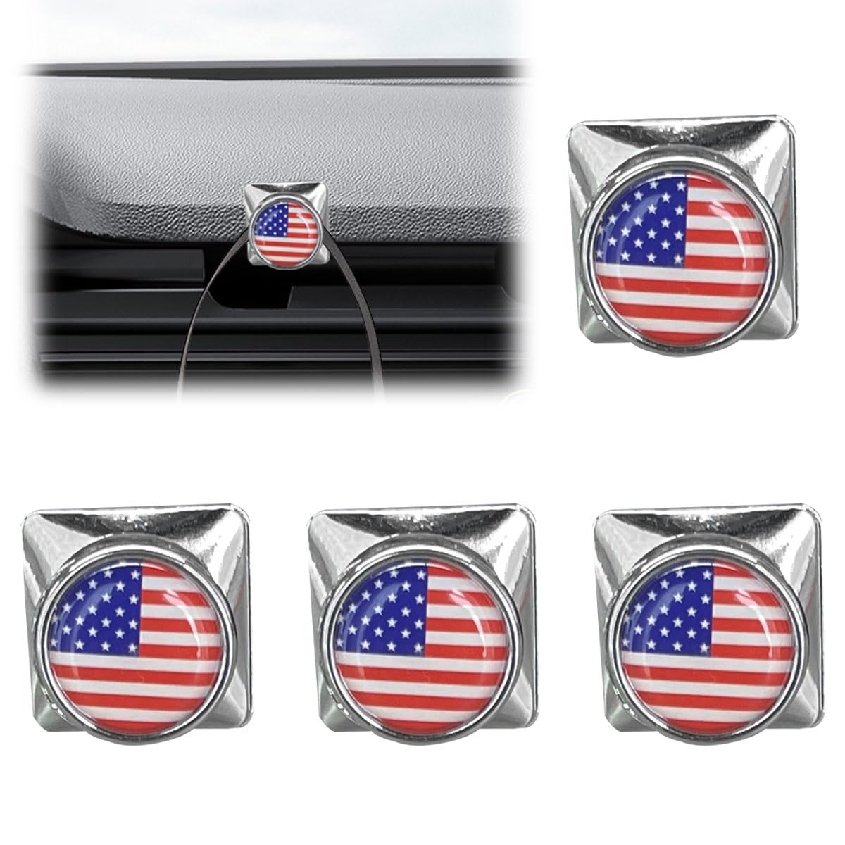 4PCS American Flag Car Mini Hooks, Adhesive Car Seat Headrest Hook Stick on Dashboard Wall, Vehicle Interior Hanging Hook Sticker, Car Storage Hanger for Key, Handbag, Cable, Mask (Sliver/Colorful)