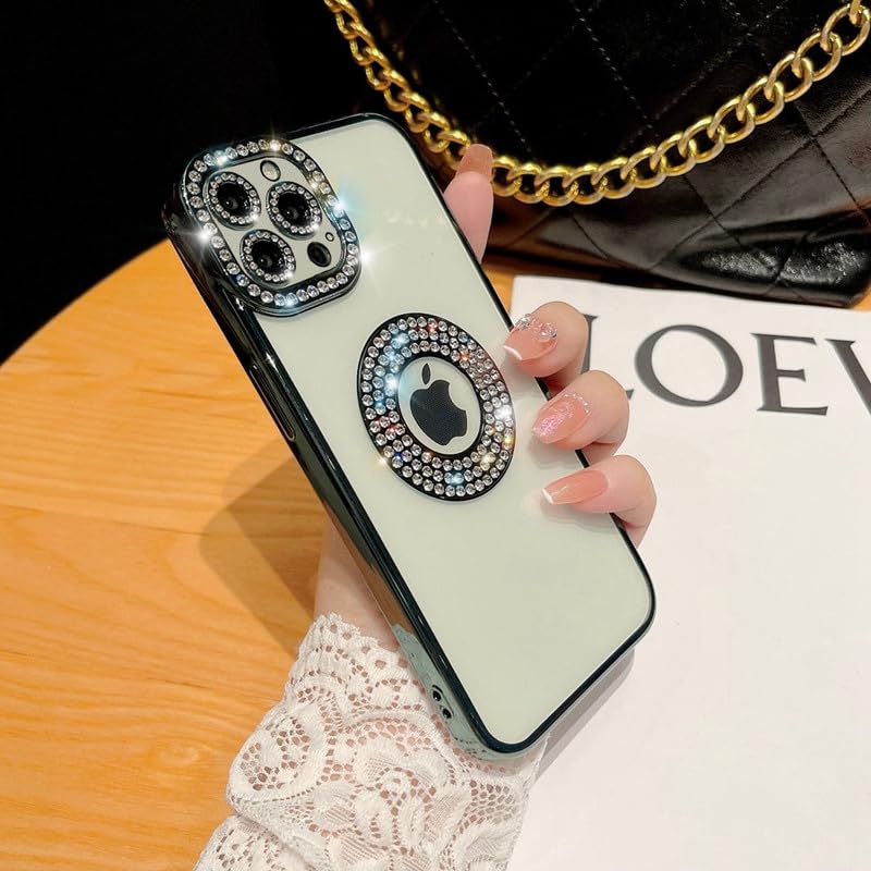 Image of LuxuryKase Sparkling Crystal Clear Case for iPhone 15 Pro Max | Logo Cut | Soft Protective TPU Case | Diamond Camera Lens Protector - Green