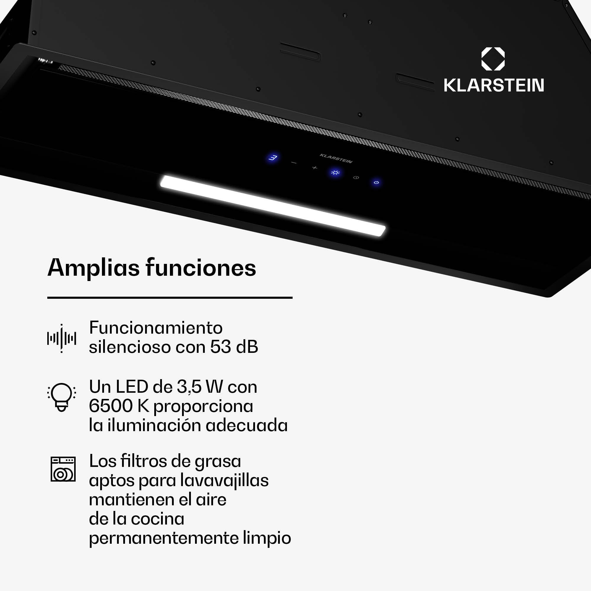 Klarstein Ventimate Campana Integrada, 85cm Campana Extractora con Control Táctil, 390 m³/h, Eficiencia Energética A+, Motor Silencioso, Luz LED, Filtro de Carbón para Recirculación, Negro