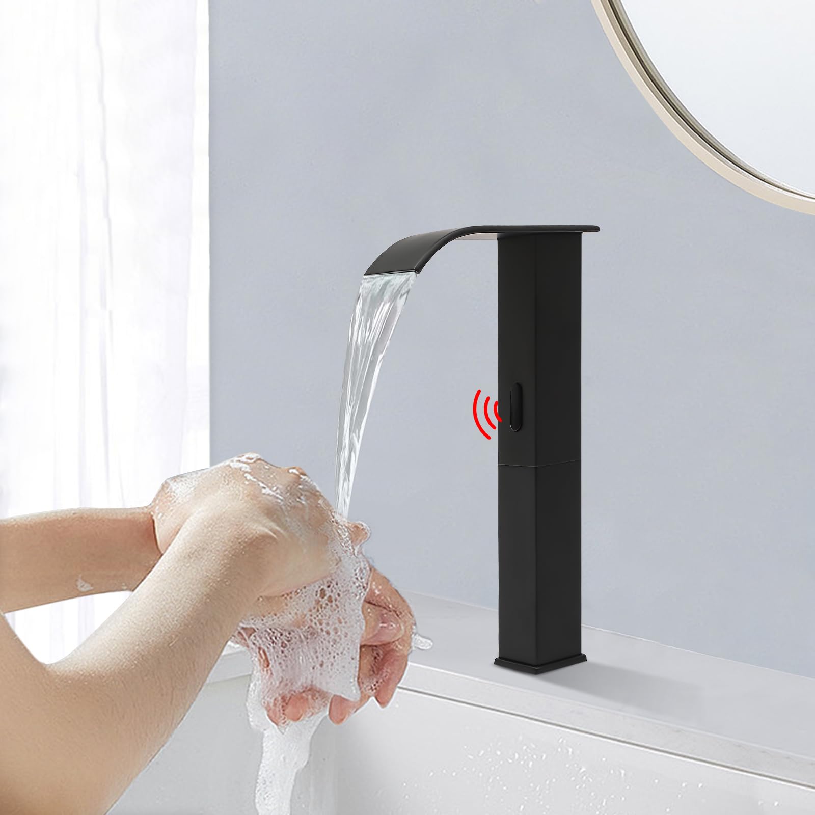 Infrarot Sensor Wasserhahn Bad, Automatisch Sensor Mischbatterie, Berührungsloser Waschtischarmatur, Armatur Waschbecken mit Sensors, 0-80°C Wasserfall Faucet mit 3 Schläuche, 30cm Ausguss Höhe