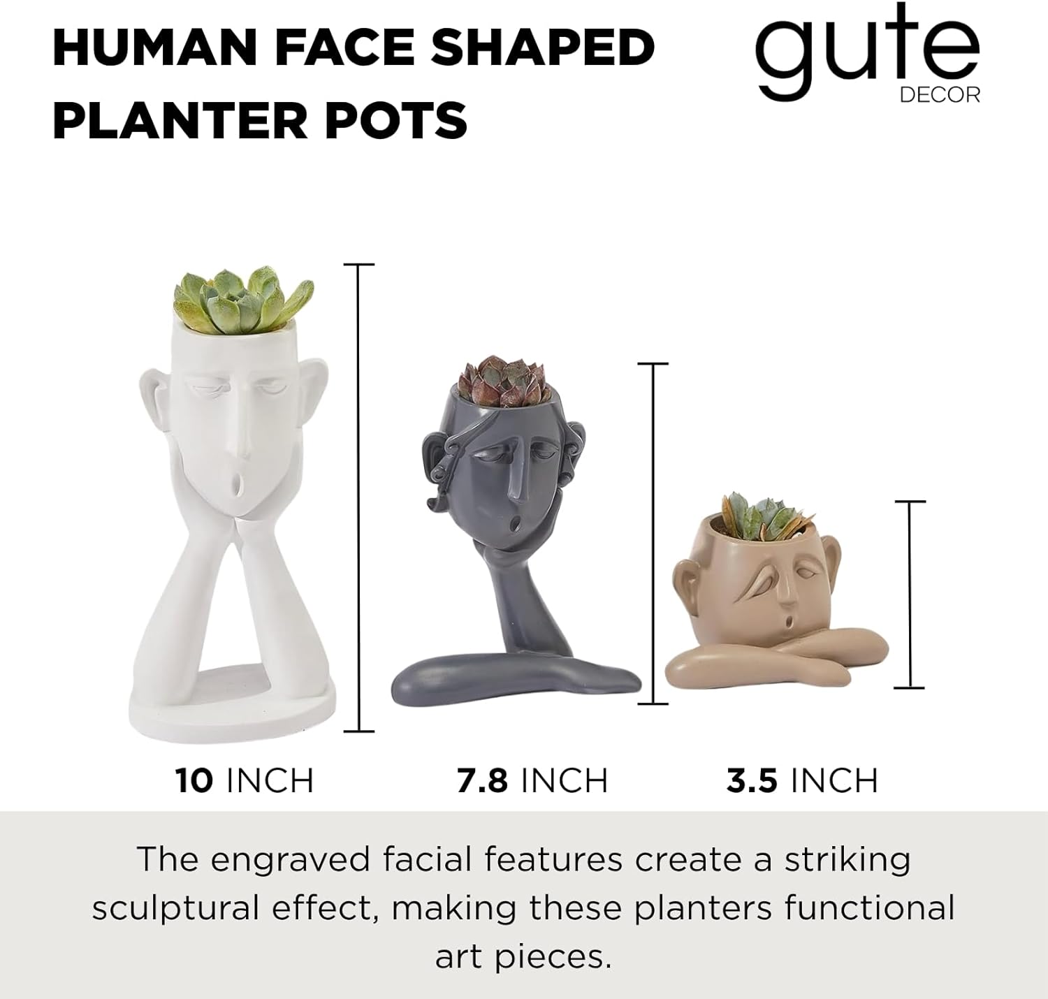 GUTE Human Face Shaped Succulent & Flower Planter Pots - Set of 3- Figurines for Garden - Indoor Outdoor Decorative Garden Figurines, Drainage Holes for Plants Artistic - White, Khaki, Grey