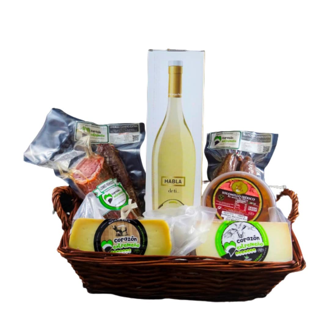 Cesta de Regalo para Empresas con Chorizo Ibérico, Caña de Lomo Ibérico, Queso de Cabra, Vino Blanco Habla de Ti – Corazón Extremeño