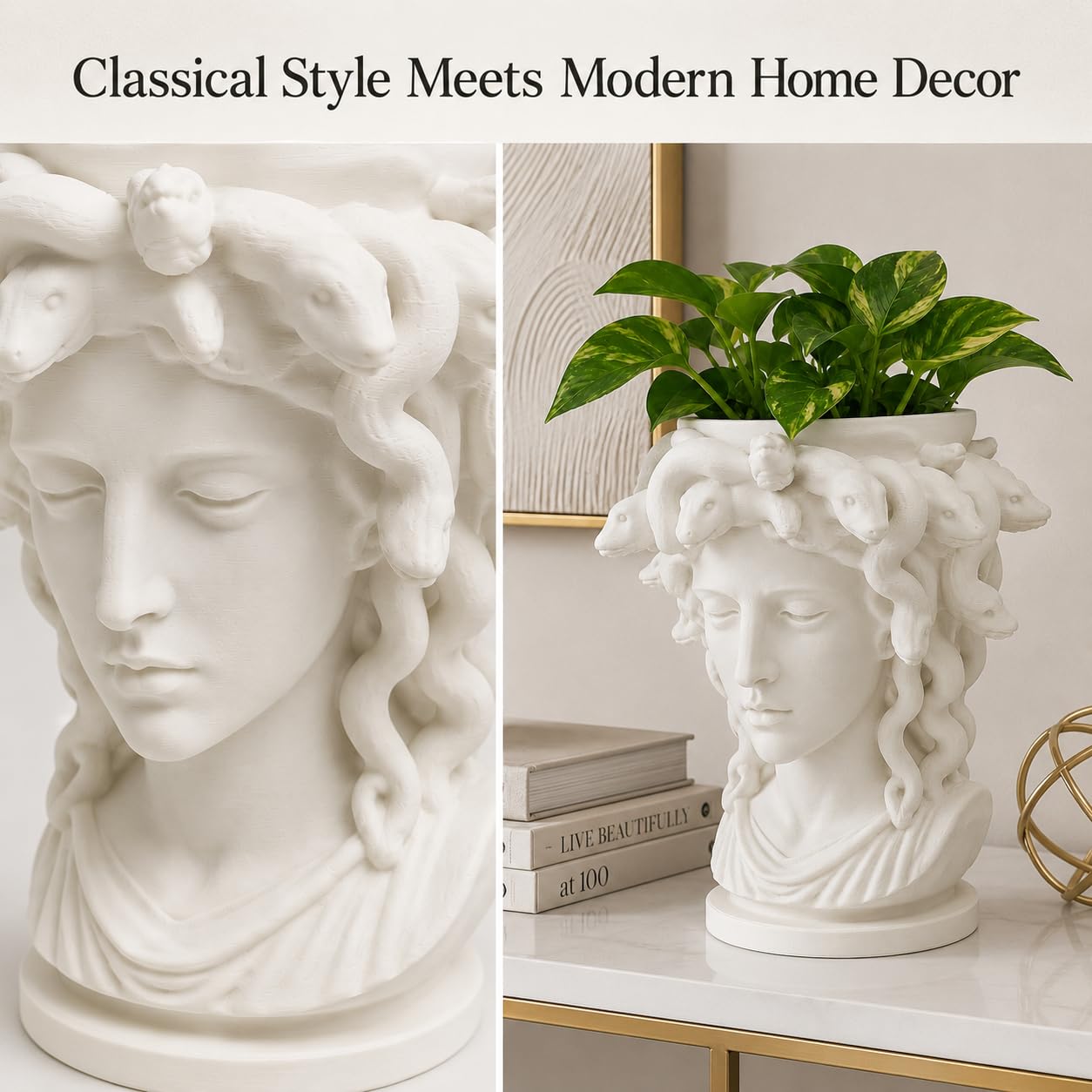 Vaso da fiori a forma di testa di Medusa, statua della dea greca, vaso estetico bianco per piante da interno, piante grasse ed edera, busto mitologico, decorazione per la casa per scaffale, scrivania