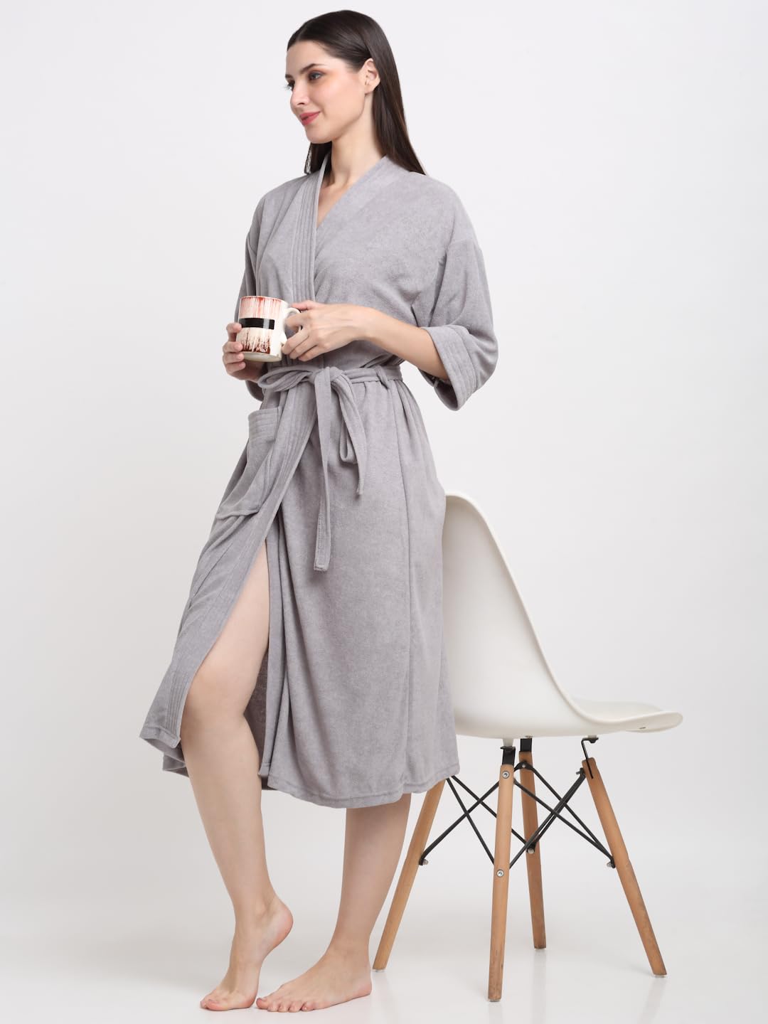 CREEVA Everyday Unisex Micro Terry Bathrobe Collection With kimono collar and 1 Pocket, 3/4 Sleeve Bath Robe Super Soft Light Weight - Grey - Image 4 thumbnail
