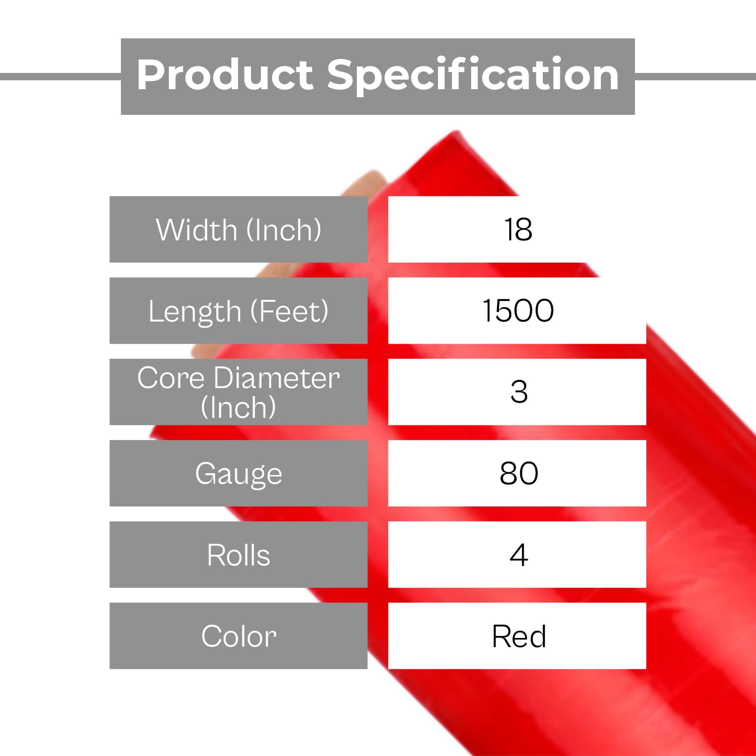 4 rouleaux Rouge clair à la main Pallet Wrap Film étirable de plastique 45,7 cm de large x 457,2 m. 80 Calibre