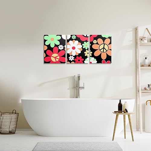 Miniatura 5 de Feelyou Lienzo de pared retro de flores hippie para sala de estar, 12 x 16 x 3 piezas, imagen de la paz de los años 60 y 70 S, diseño floral vintage