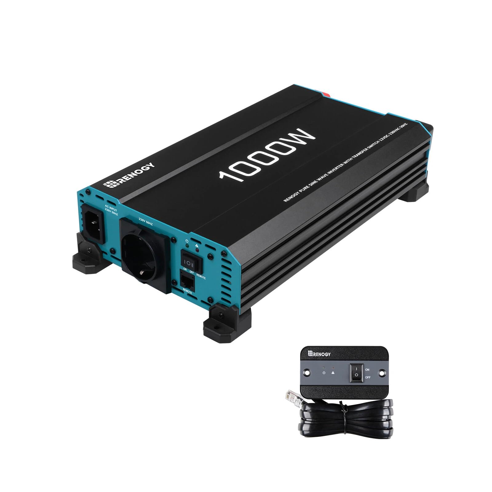 Renogy 1000W/2000W Convertisseur 12v 220v/230v Pur Sinus Transformateur, DC AC Onduleur Power Inverter Allume 2 Prise EU de Courant Alternatif pour Voiture, Camping, Voyage, Panneau Solaire, VR