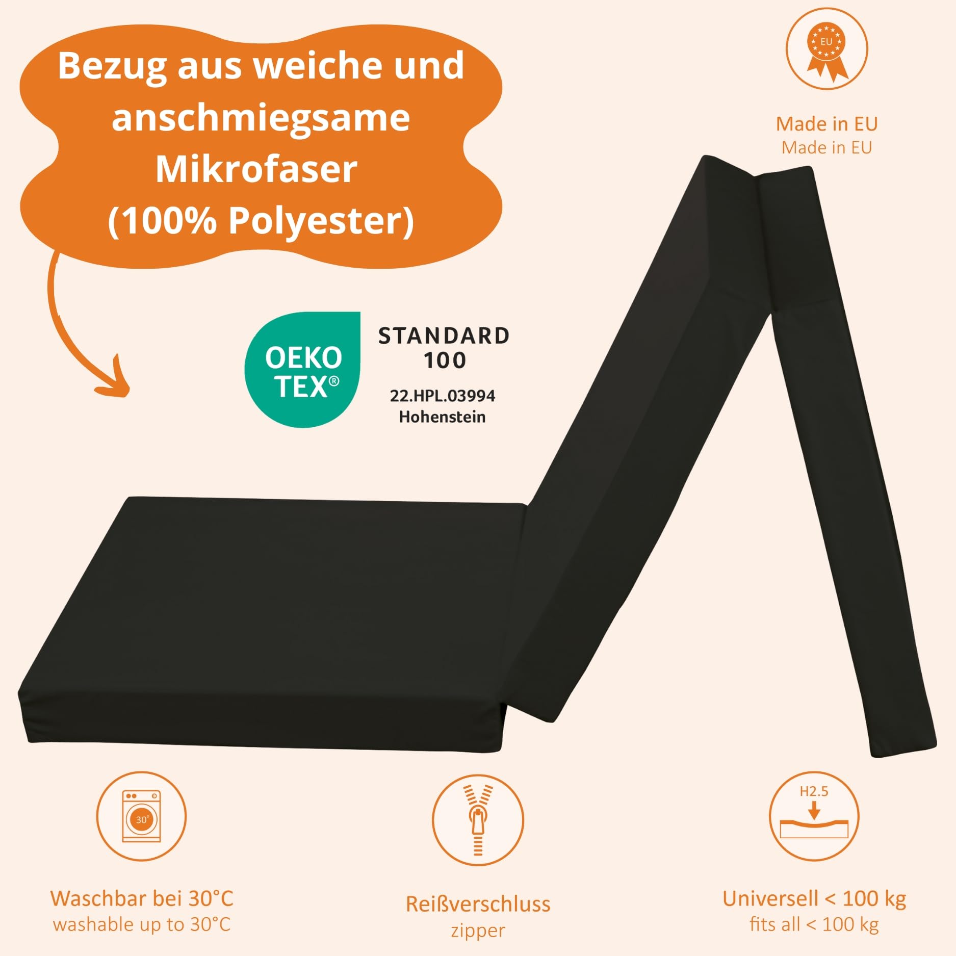 sleepling Klappmatratze, 3-teilige Faltmatratze, Gästematratze klappbar, Faltbare Matratze, Bandscheibenwürfel, Foldable Mattress, Komfortschaum, Made in EU, Oeko-TEX, H2.5, 65x196x8.5 cm, schwarz