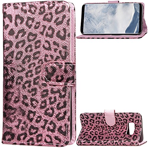 QFUN Leopard Print Wallet Case for Samsung Galaxy S8, Fashion Design Double Magnetic Stand Leather Phone Case Drop Protection Protective Case Bumper Flip Cover and Screen Protector,Pink