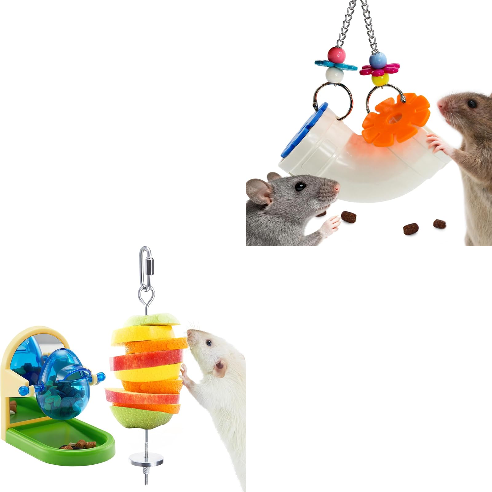 2Pcs Rat Enrichment Toys Set, Foraging Slow Feeder, Stainless Steel Holder & Treat Dispenser, Interactive Puzzle Cage Accessories, Hanging Easy-Clean for Rats Mice Birds