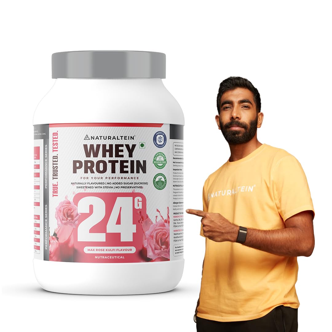 NATURALTEIN Natural Whey Protein 1 kg | Max Rose Kulfi Flavor | 24g Protein Per Serving | No Added Sugar | Sweetened with Stevia | Non-GMO | Soy-Free | Gluten-Free | Super Mixability | 100% Natural