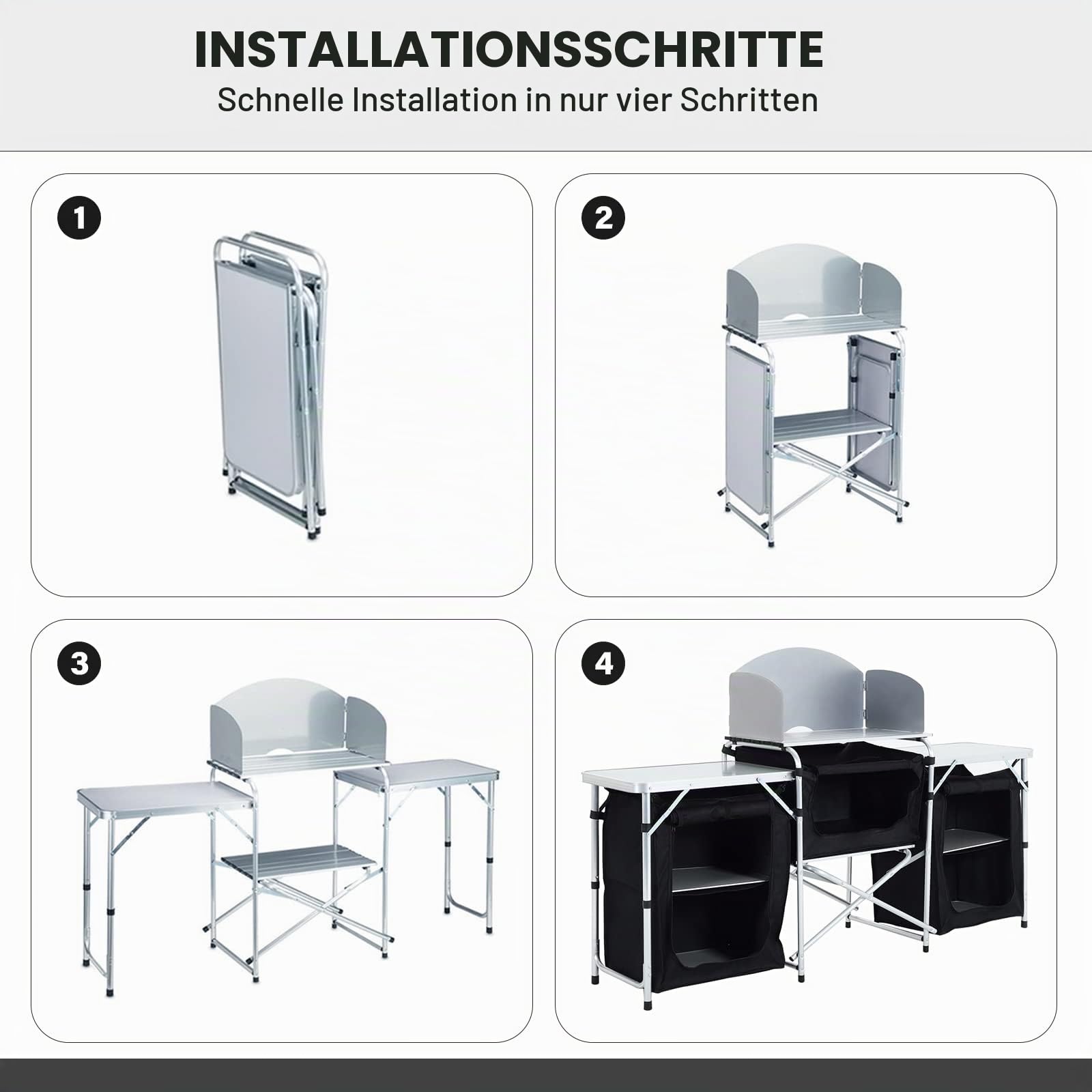 Warmiehomy Campingküche Schrank Faltbar, Tragbarer Campingschrank mit Aluminiumgestell, 3 Schränkfach & Abnehmbare Platte, Outdoor Küchenschrank für Picknick, Reisen, Strand, Schwarz, 175×40×110 cm