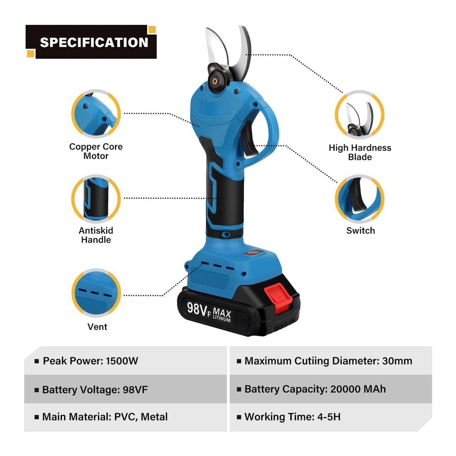 Tijeras de podar eléctricas inalámbricas 1500W, podadora ramas árbol recargable, podadoras jardín 30mm, herramienta eléctrica con 2 baterías,Serie profesional