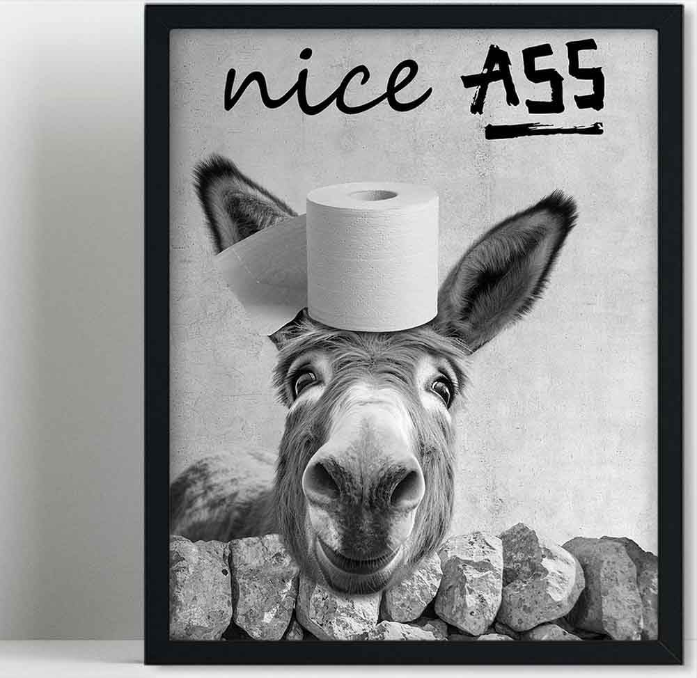 Biufo Framed Nice Ass Funny Quotes Canvas Wall Art Print Donkey Animal Portrait Picture Poster for Bathroom Bedroom Decor (8"x10")