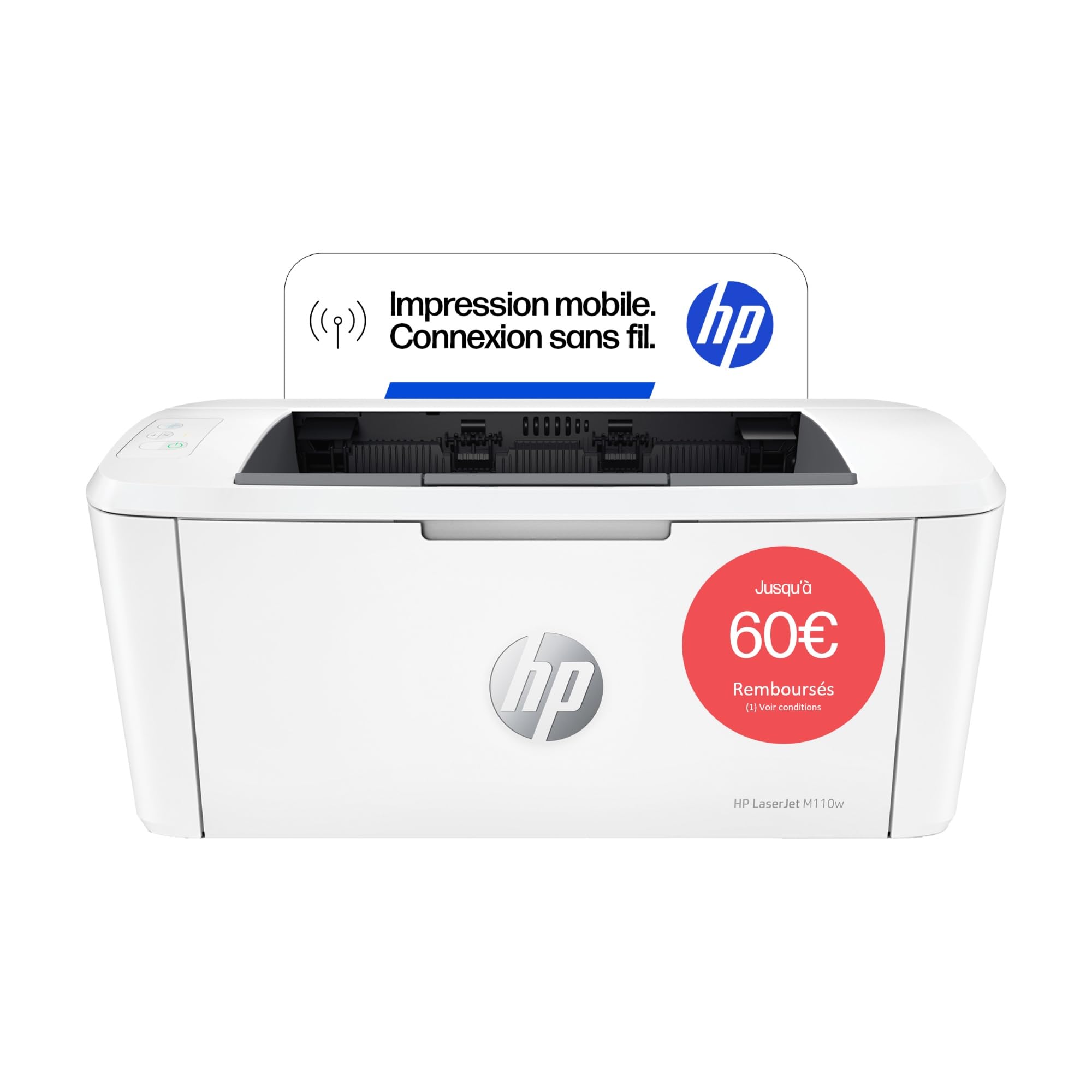 HP LaserJet M110w, 7MD66F, Imprimante laser monochrome A4 à fonction unique, Impression recto verso manuelle en noir et blanc, 20 ppm, ADF, Wi-Fi, HP Smart, Blanche