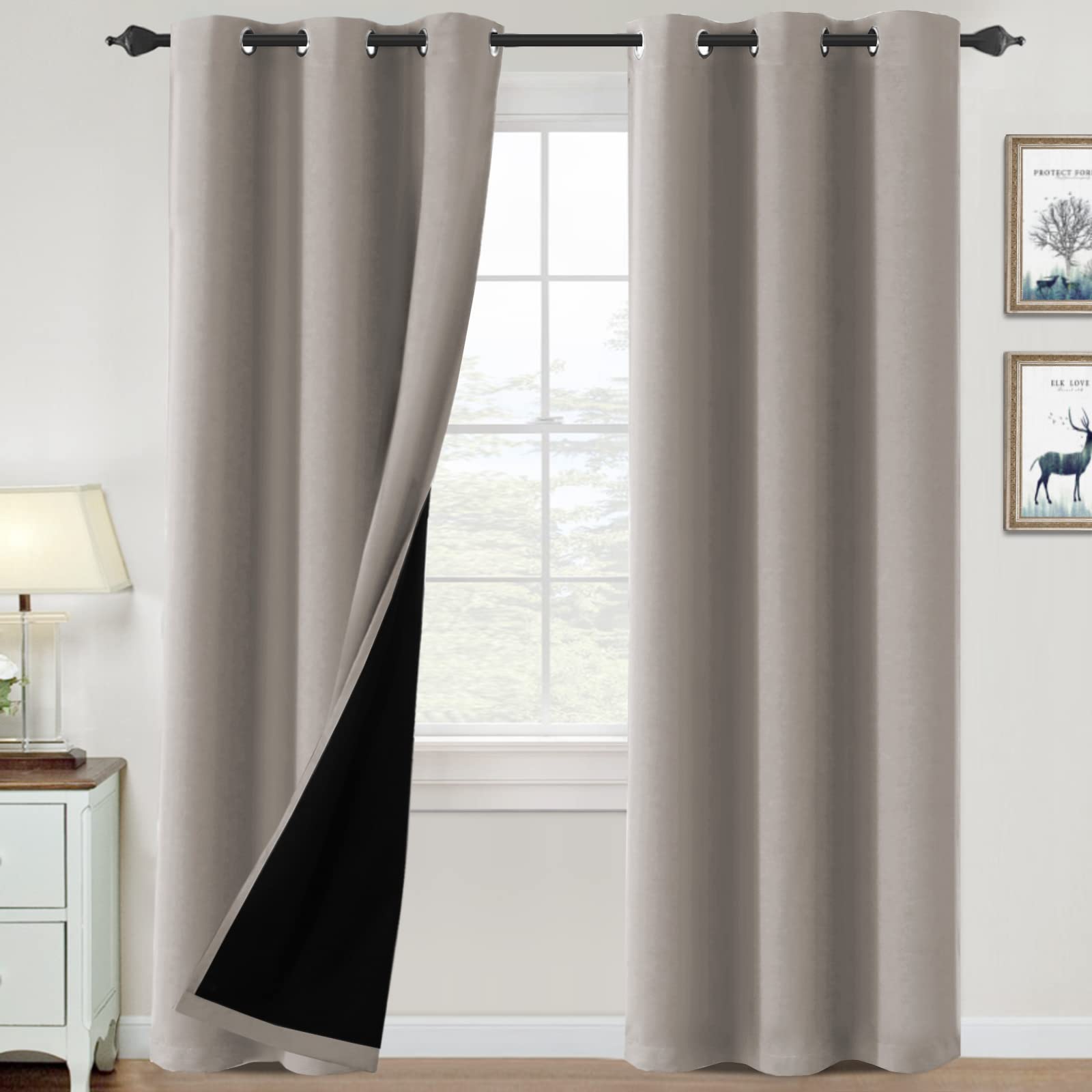 100% Blackout Curtains for Bedroom Thermal Insulated Blackout Curtains 84 inch Length Heat and Full Light Blocking Curtains Window Drapes for Living Room with Black Liner 2 Panels Set, Taupe