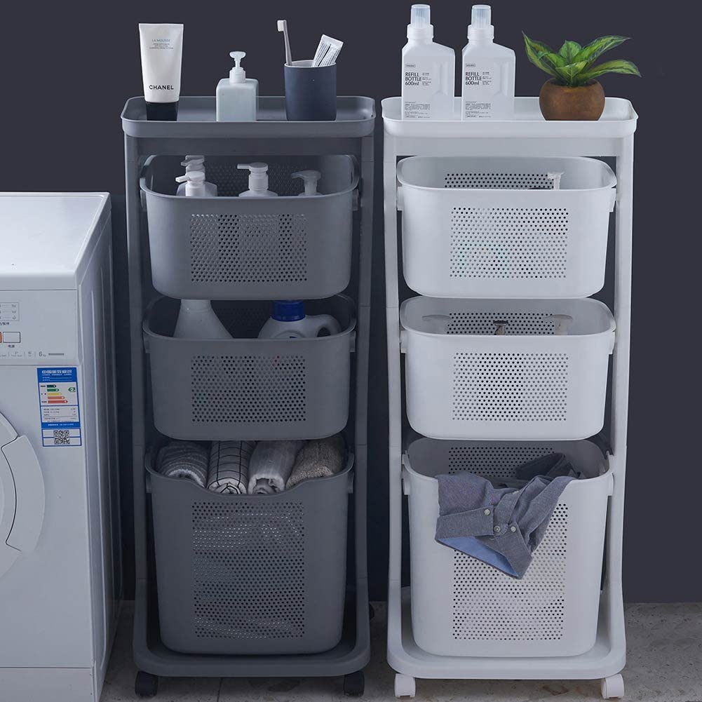 Shally Dogan Carrello Portabiancheria 3 Ripiani Multifunzione, 3 Litri di Capienza, Carrellino Salvaspazio, 1 Cesta Estraibile e 2 Cestelli Basculanti, 4 Ruote Girevoli a 360° (Grigio)