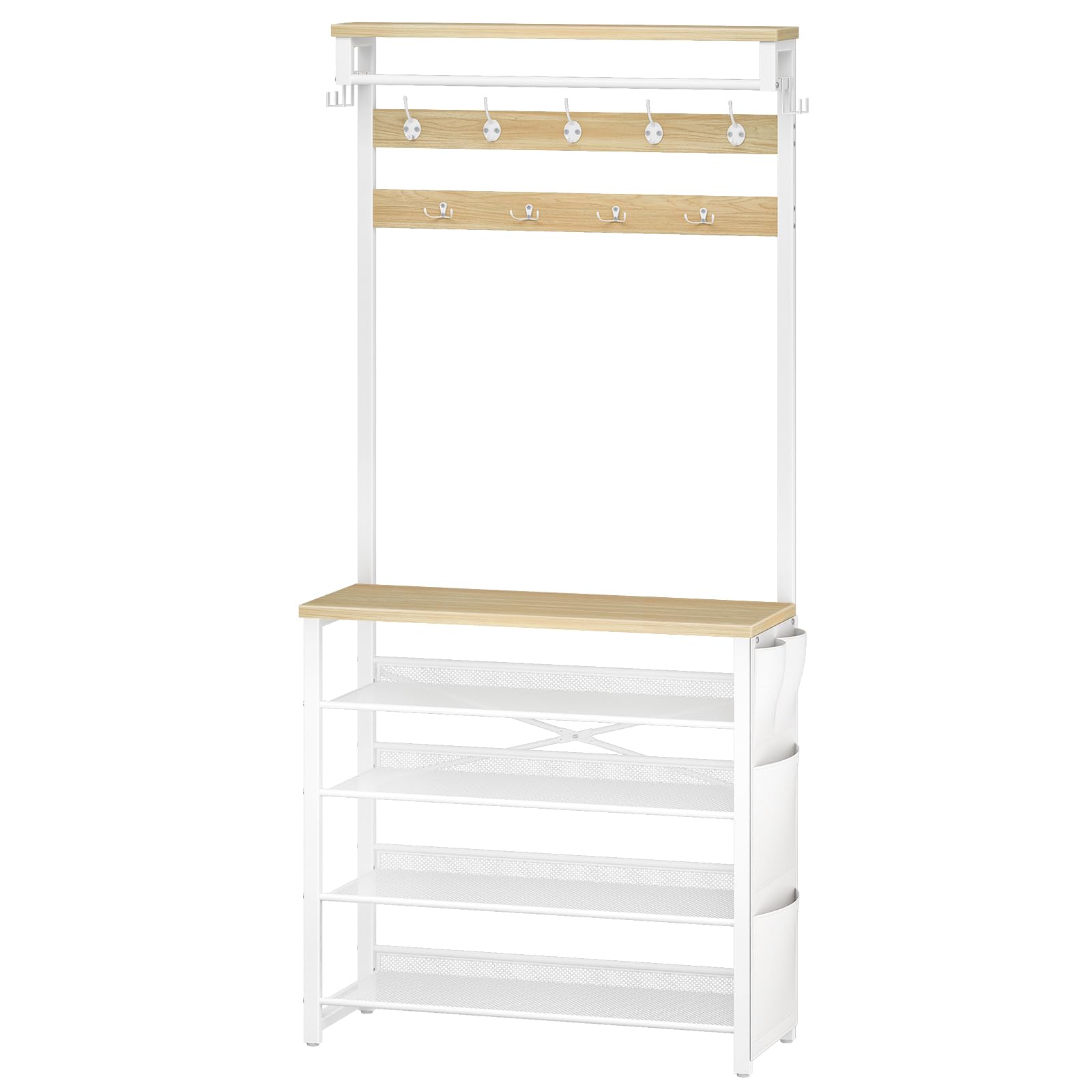 HOOBRO Coat Stand, Coat Rack with Shoe Storage, Hall Tree with Tiltable Mesh Shelves, 4 Removable Hooks, Side Storage Pocket, Shoe and Coat Rack for Hallway, Living Room, White and Natural EWN75MT01